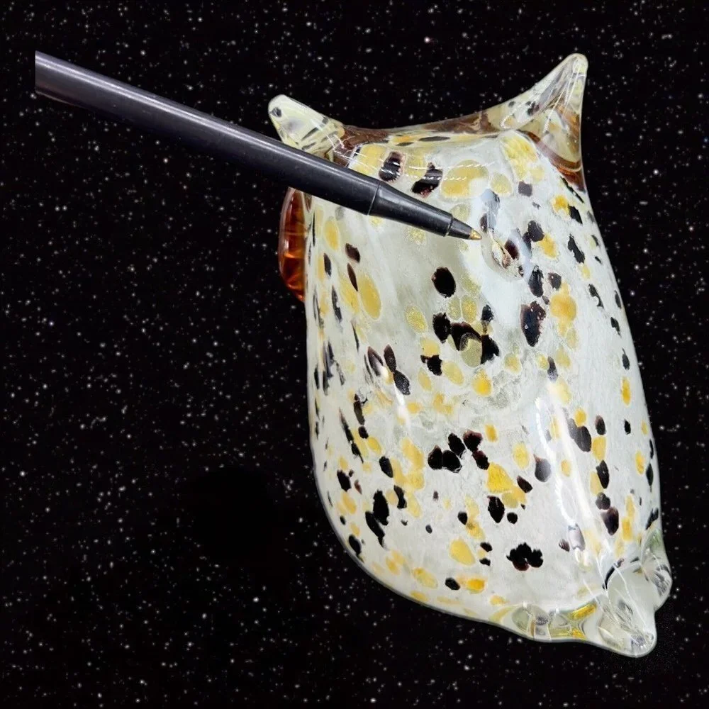 Hollow Owl Bird Art Glass Paperweight Figurine White With‎ Dots Amber Eyes Glass